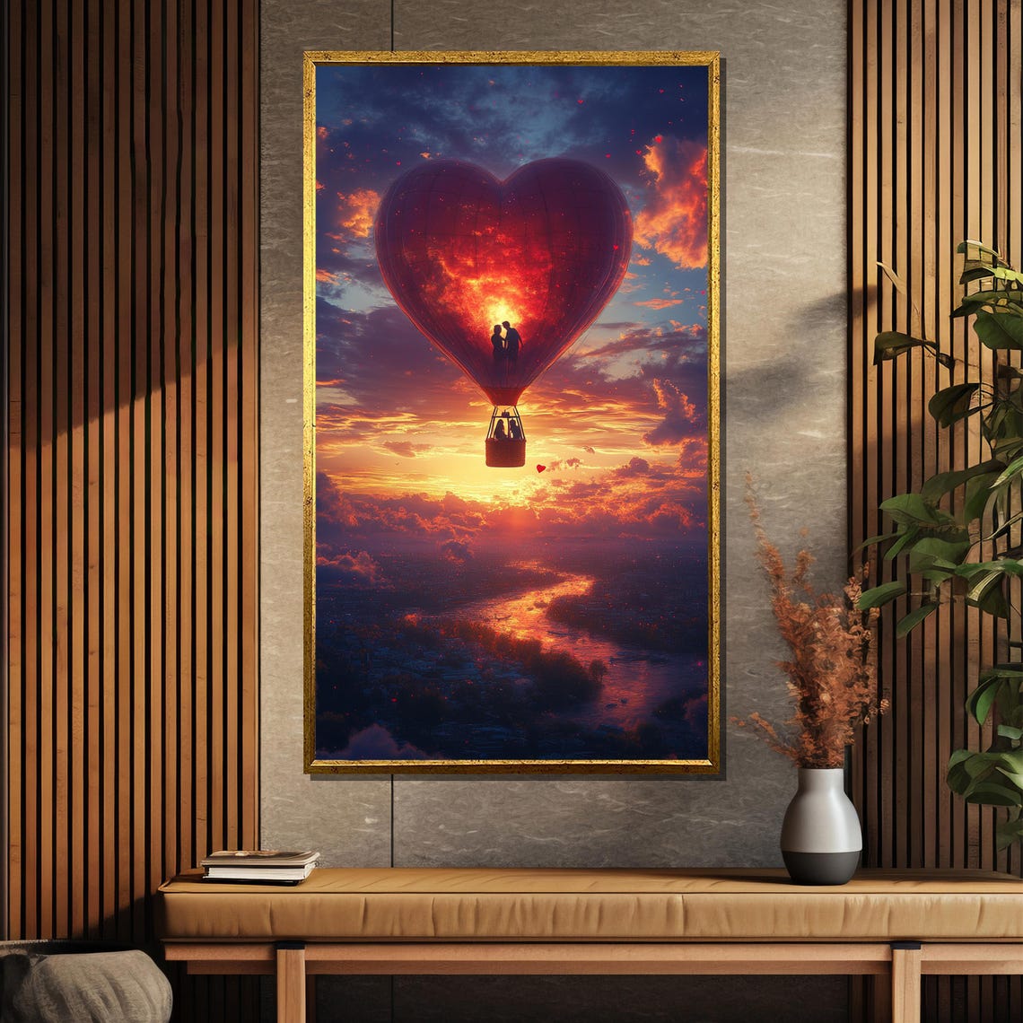 Heart Shaped Hot Air Balloon Glowing Sunset Over the River Poster - Image 5