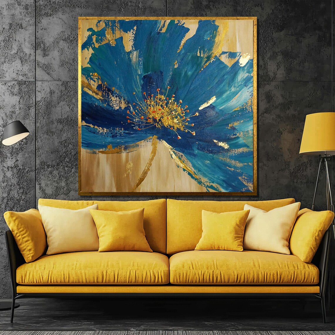 Abstract Blue Flower With Gold Center Modern Floral Art Poster
