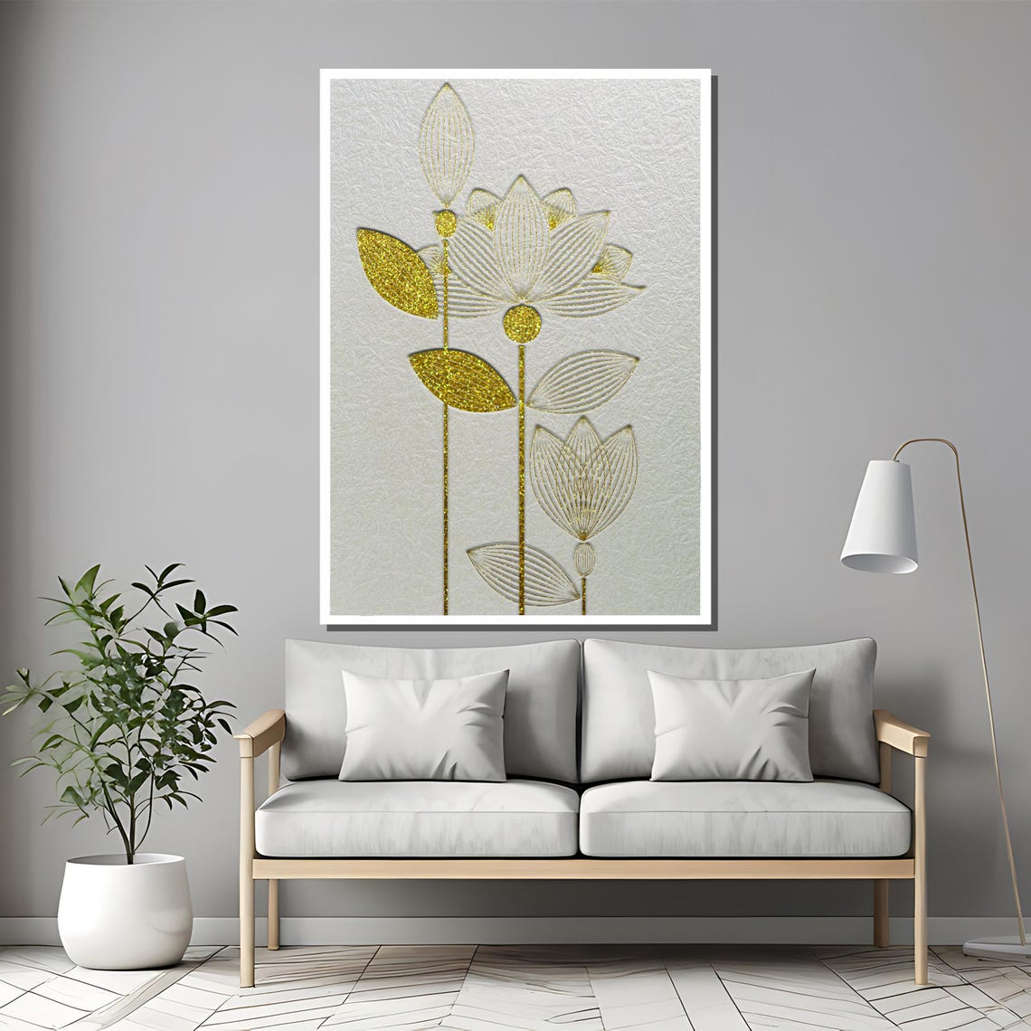 Minimalist Gold Lotus Line Art On White Light Background Poster - Image 2