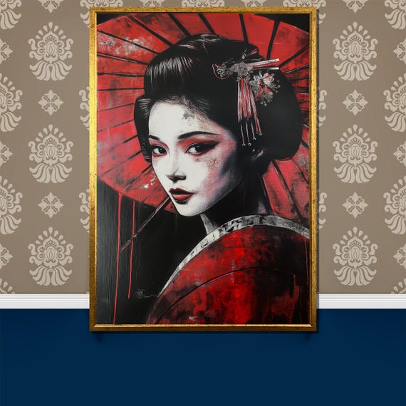 Red Geisha Painting Bold Japanese Art Unique Gift For Modern And Traditional Art Lovers