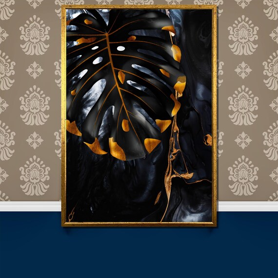 Elegant Black And Gold Monstera Leaf Painting Gift Luxury Tropical Wall Art Modern Botanical Decor Painting For Home