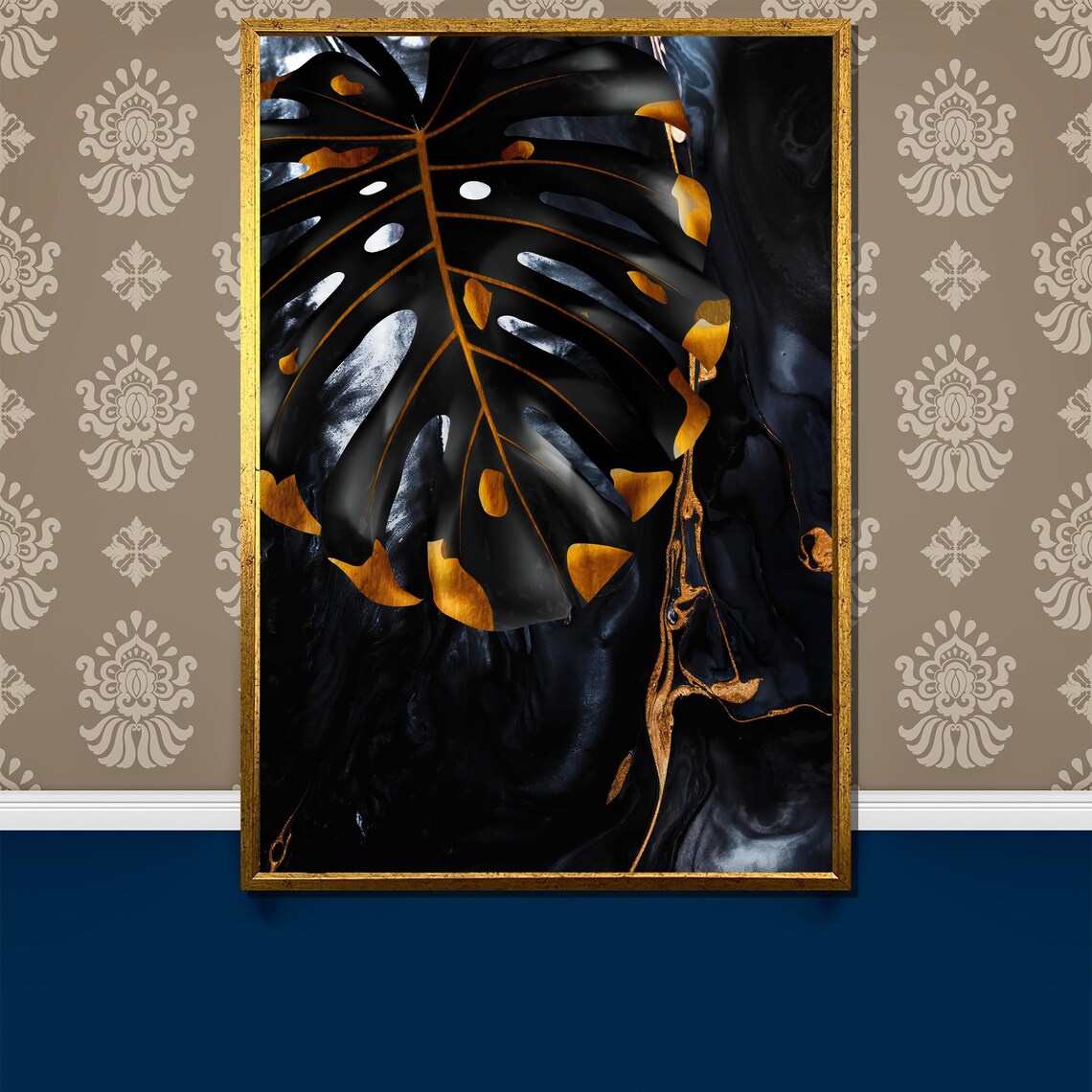Black And Gold Monstera Leaf Luxury Tropical Botanical Poster