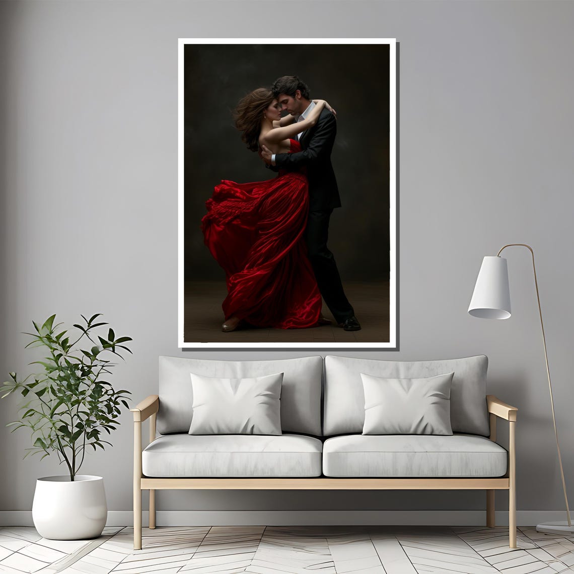 Romantic Couple Dancing Red Dress Dark Moody Elegant Art Poster - Image 2