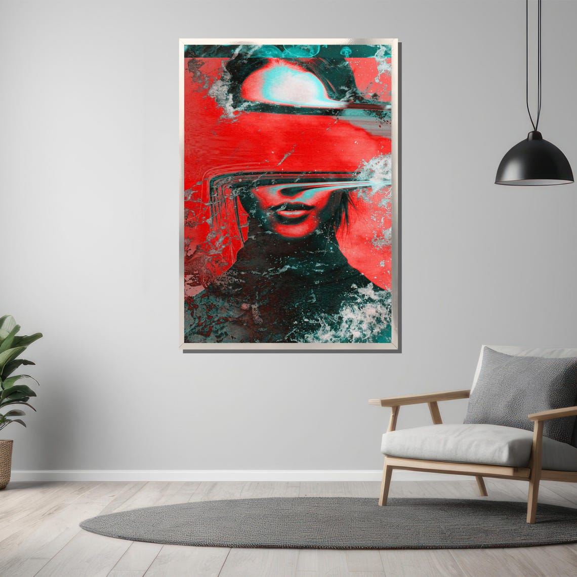 Glitch Red And Teal Futuristic Distorted Digital Portrait Poster - Image 3