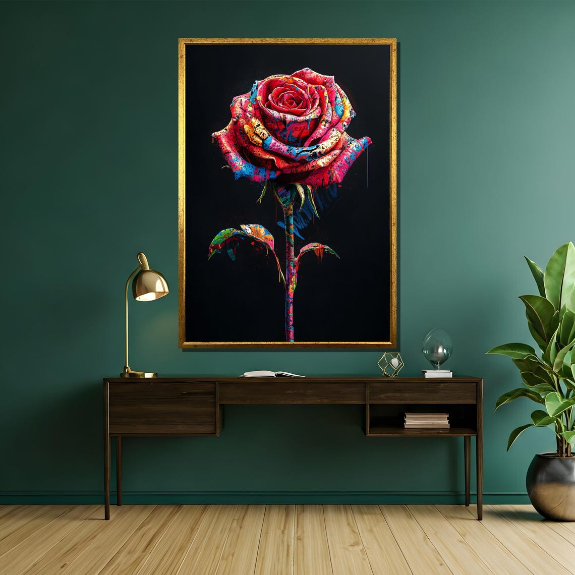 Graffiti Style Rose Multicolor Street Art Black Background Poster - Image 5