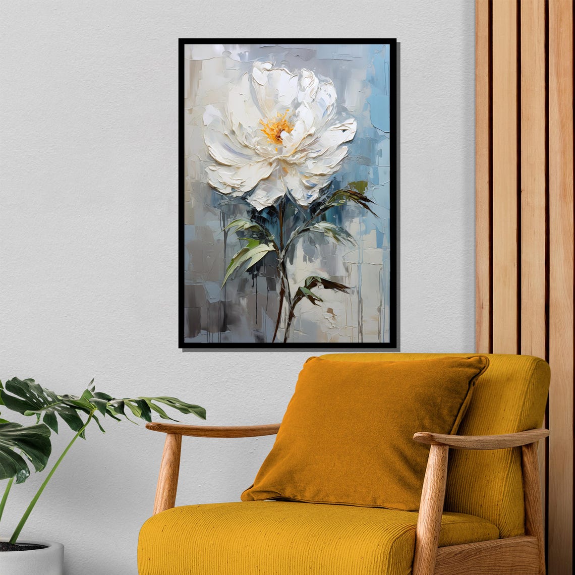 White Peony Thick Impasto Bloom Soft Gray Botanical Art Poster - Image 4
