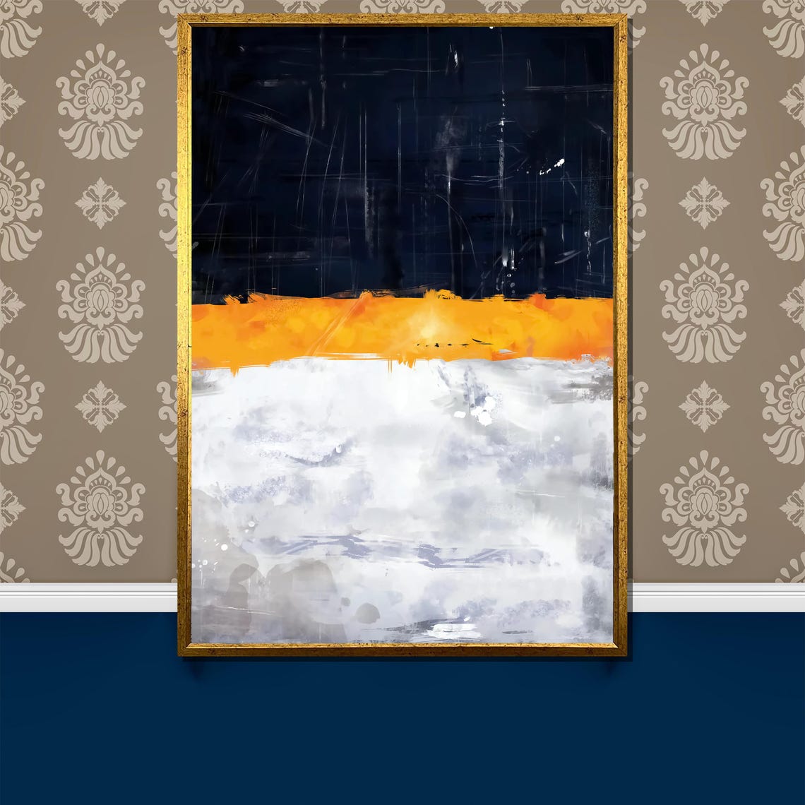 Navy Orange White Abstract Horizon Line Sunset Modern Art Poster