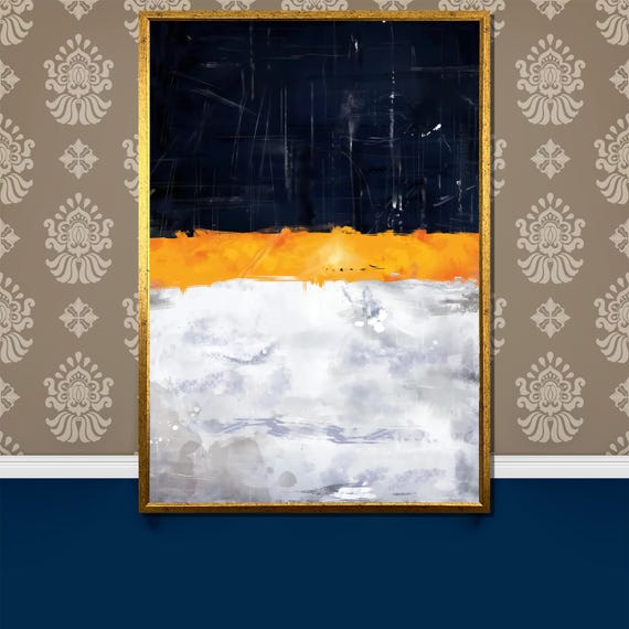 Abstract Horizon Painting Striking Blend Of Deep Blue Bold Orange And Soft White For A Modern Art Gift And Home Decor