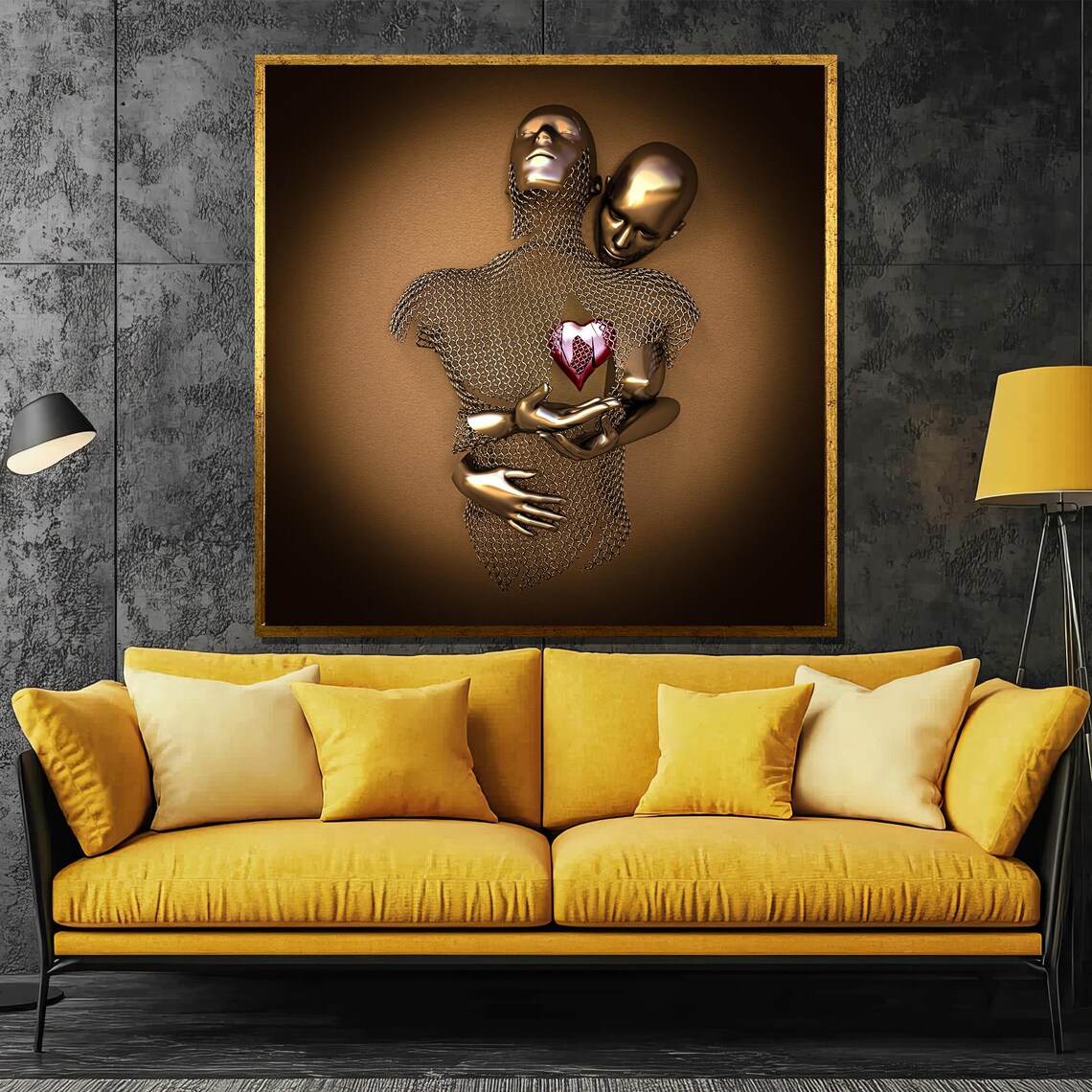 Golden Metallic Lovers Embrace With Glowing Heart Sculpture Poster