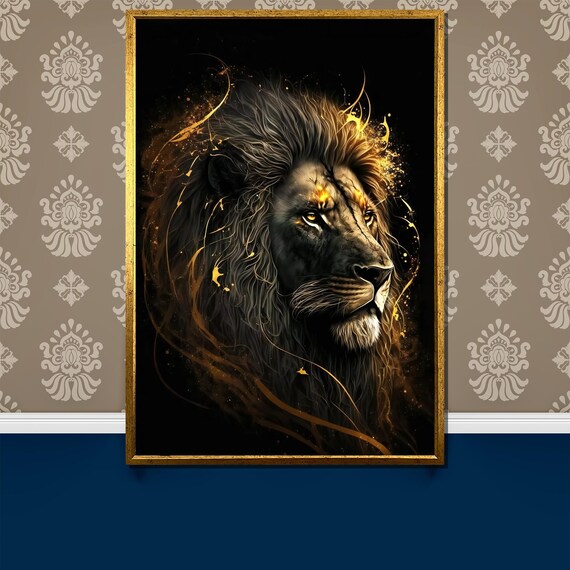 Majestic Black Lion Emerging From Golden Light On Black Poster