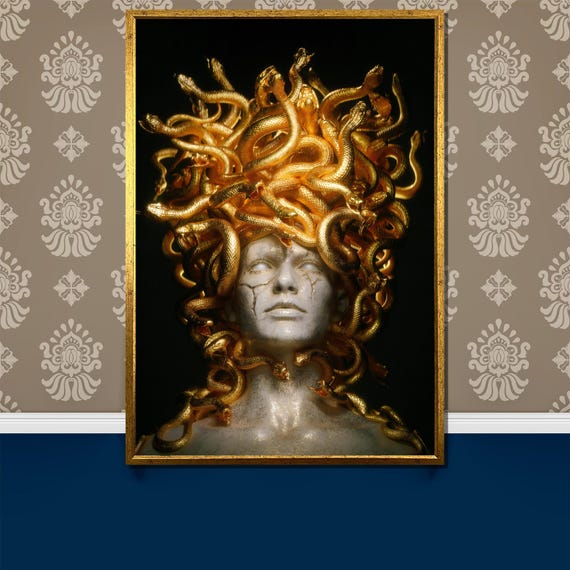 Golden Medusa Painting Stunning Mythological Wall Art Luxurious Decor Piece Bold Gift For Art Lovers And Home Decor Enthusiasts