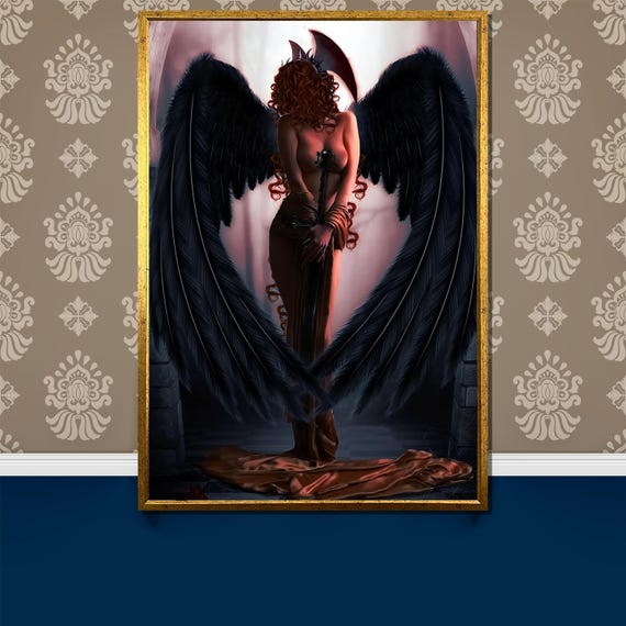 Dark Angel Seductive Painting Mysterious Gothic Art Gift For Fantasy Lovers And Unique Home Decor