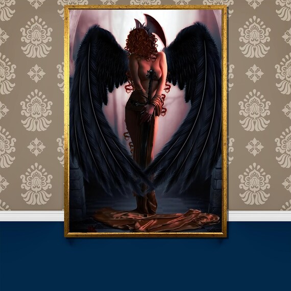 Dark Fallen Angel Black Wings Gothic Fantasy Redhead Woman Poster