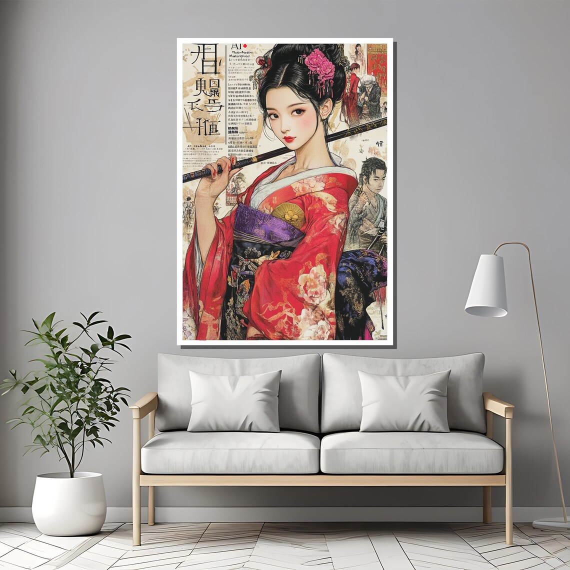 Anime Geisha Warrior In Red Floral Kimono Manga Collage Art Poster - Image 2
