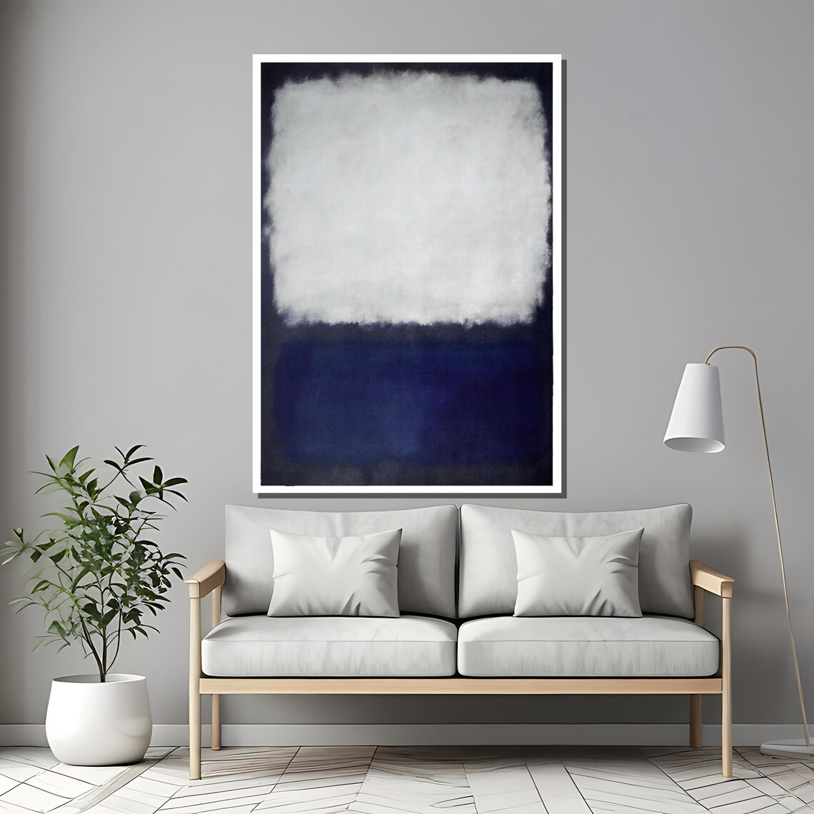 Navy Blue And White Mist Abstract Serene Moonlit Water Art Poster - Image 2