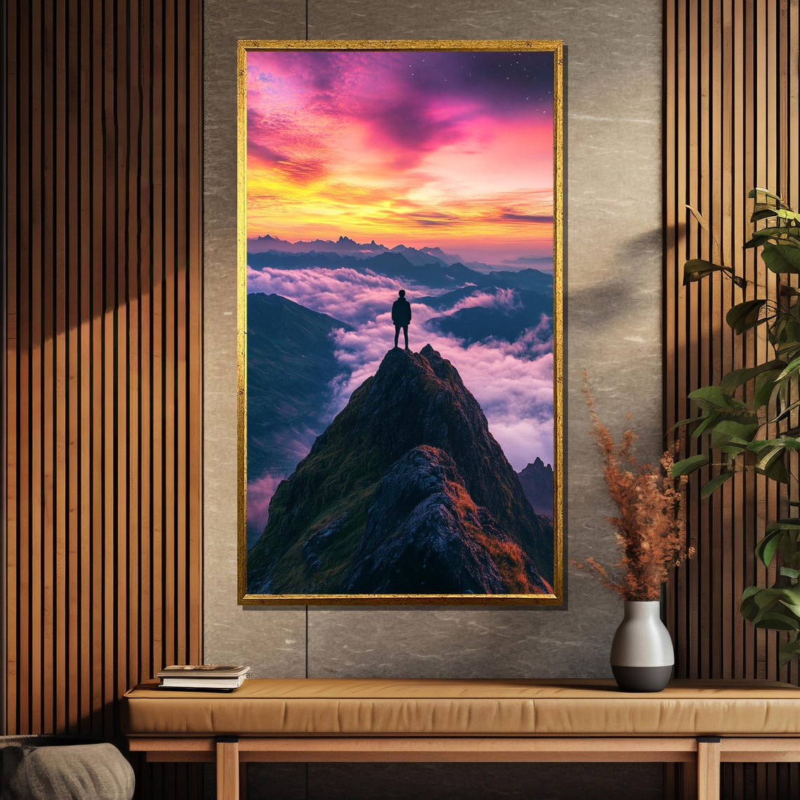 Silhouetted Hiker Above Sunset Clouds on Mountain Peak Poster - Image 5