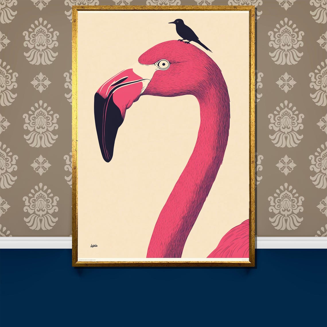 Pink Flamingo Minimalist Bird With Tiny Black Bird Art Poster
