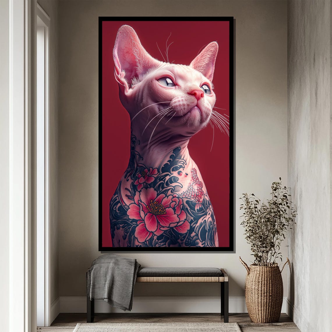 Tattooed Sphynx Cat Pink Portrait Bold Red Background Art Poster - Image 4