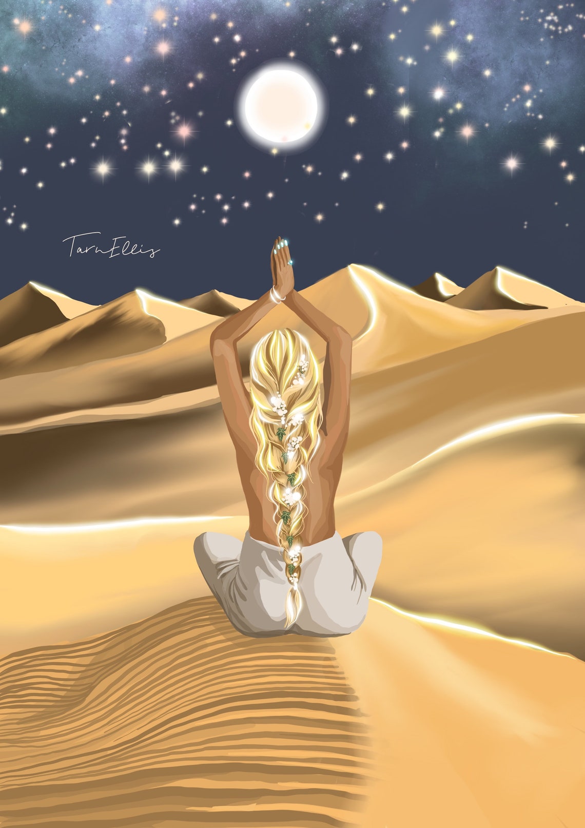 Woman Meditating On Desert Dunes Under Full Moon Night Poster - Image 3