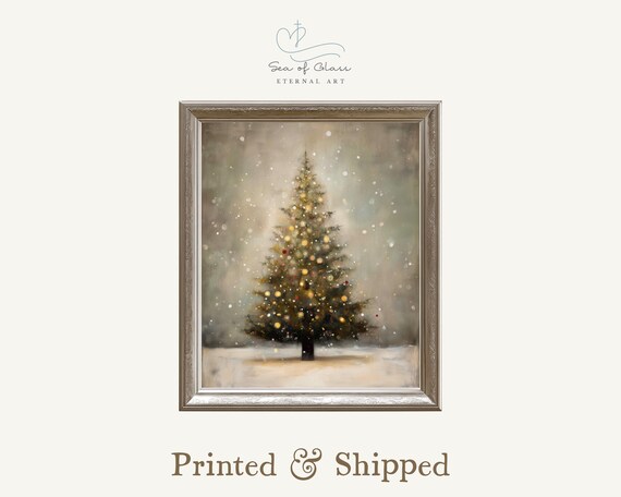 Vintage Rustic Christmas Tree Warm Lights Snowfall Oil Painting Print
