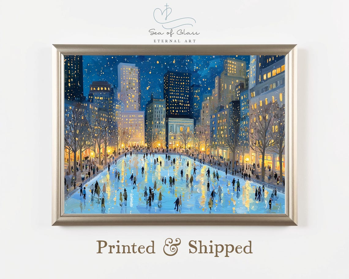 City Ice Skating Rink Night Snowy Skyscrapers Winter Scene Poster