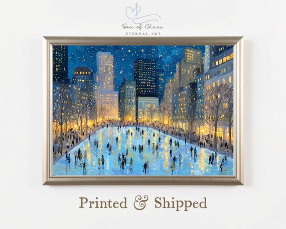 City Ice Skating Rink Night Snowy Skyscrapers Winter Scene Poster