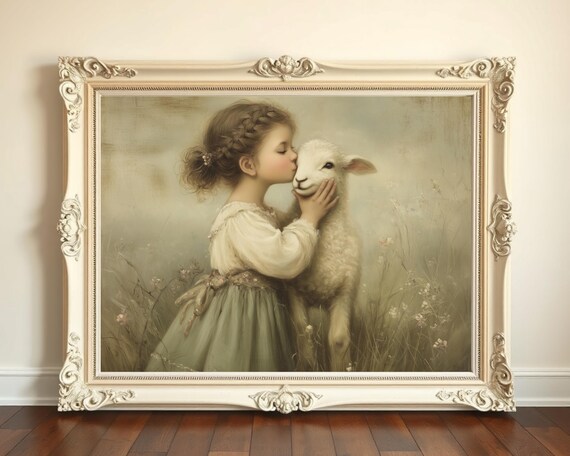 Vintage Girl Kissing Lamb Pastoral Nursery Soft Cream Painting Poster