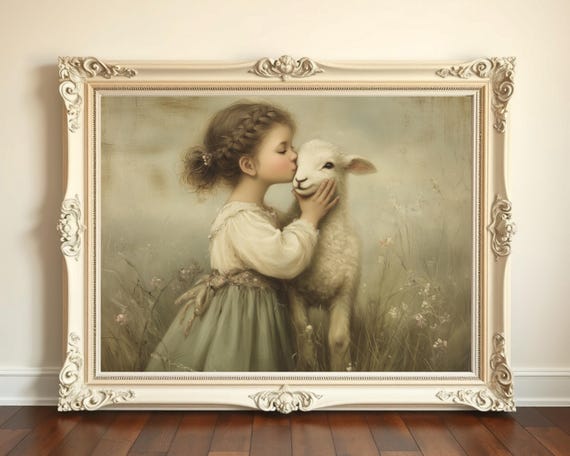 Vintage Girl With Lamb Print Pastoral Nursery Wall Art