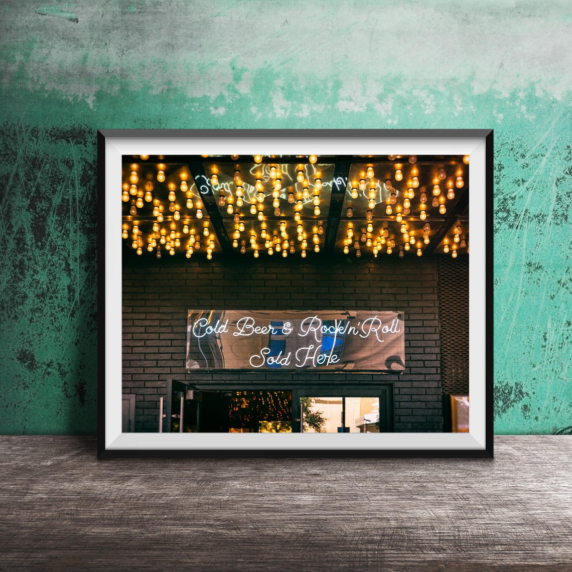 Cold Beer and Rock n Roll Sold Here Neon Sign Bar Entry Poster
