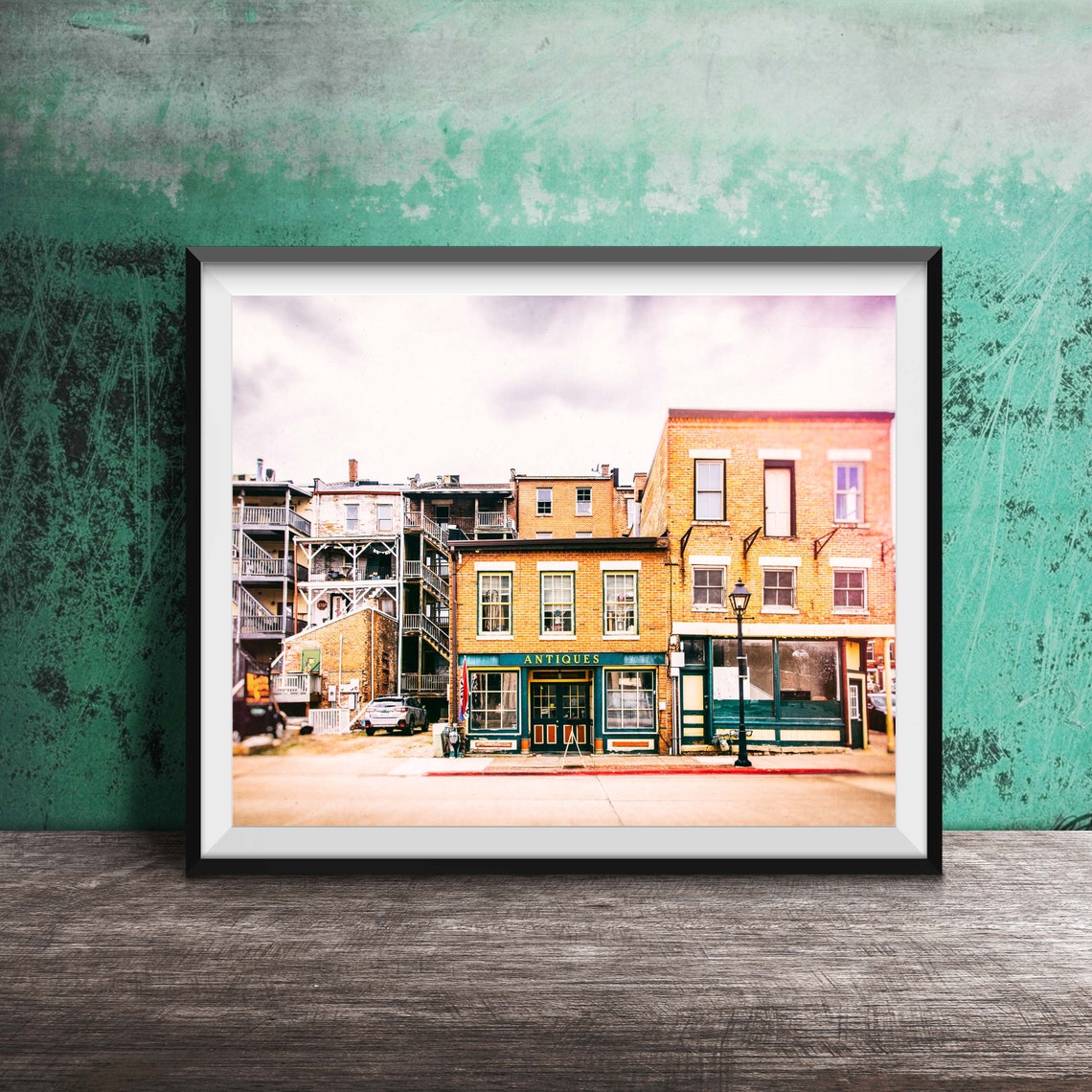 Vintage Antique Shop Street Scene Brick Buildings Photography Poster