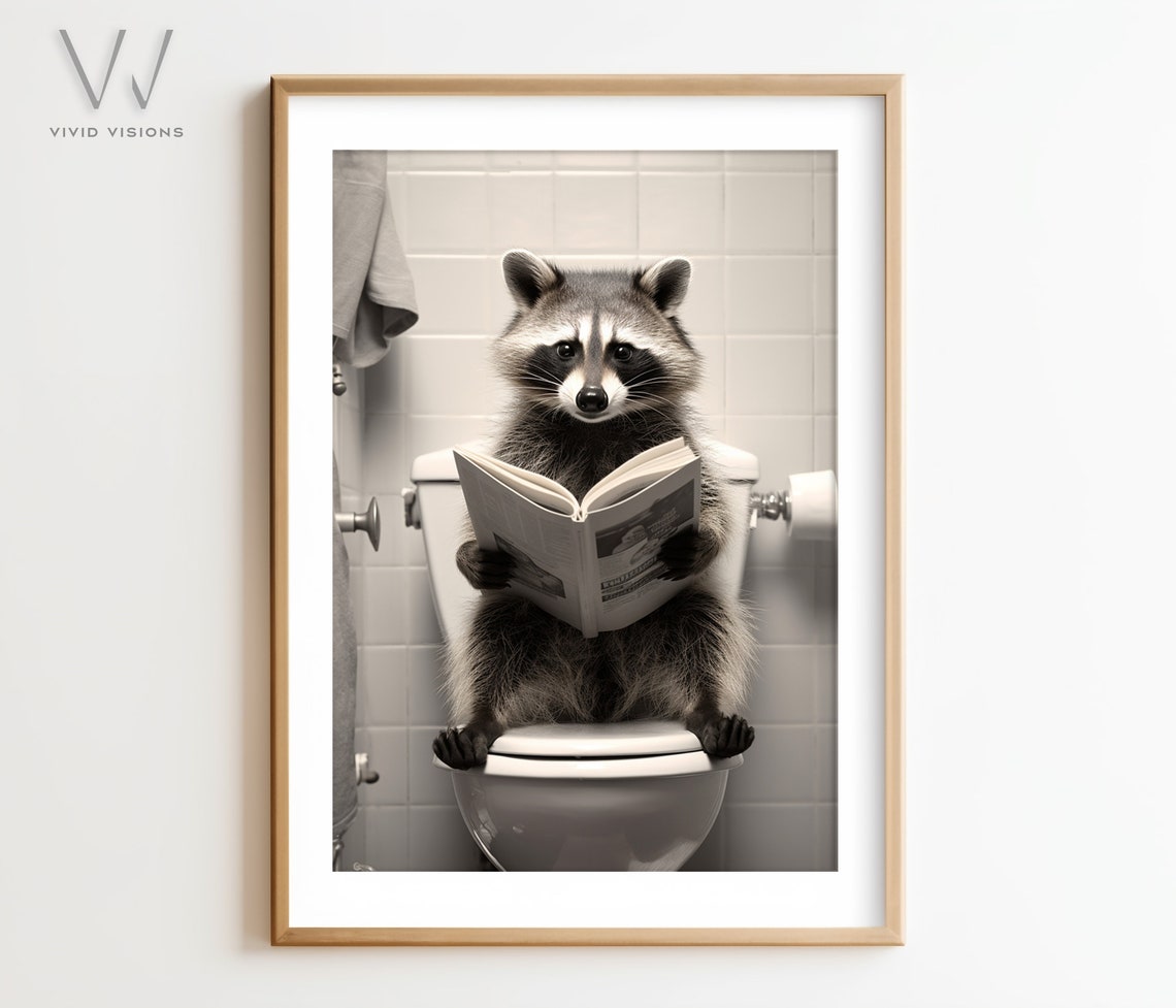 Raccoon Reading a Book on the Toilet Fun Black and White Poster