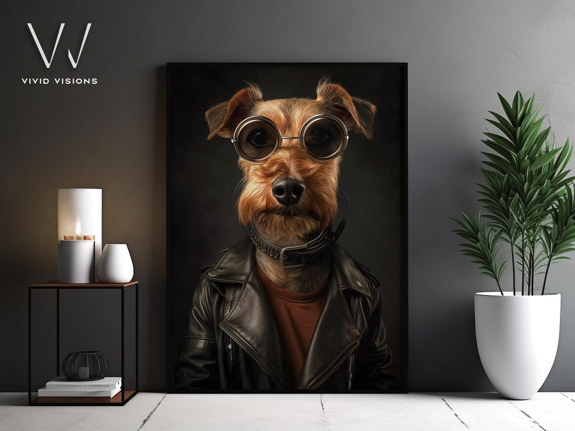 Terrier Dog in Leather Jacket Round Goggles Quirky Pet Portrait Poster