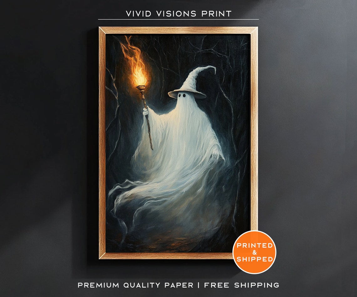 Wizard Ghost Holding A Flaming Torch Poster Dark Forest Halloween Art
