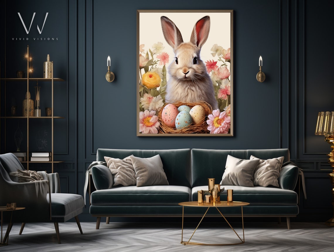 Tan Bunny Speckled Easter Eggs Nest Pastel Floral Spring Poster - Image 3