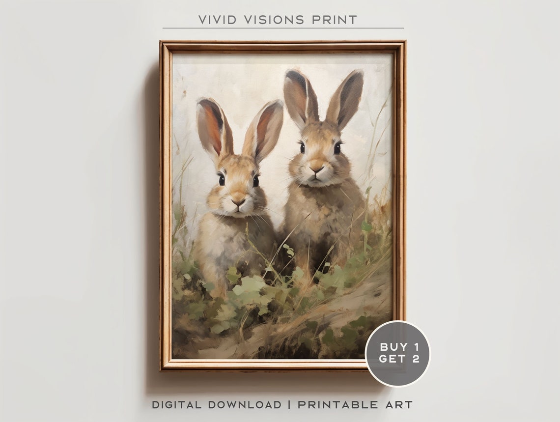 Two Brown Rabbits Grass Meadow Duo Spring Vintage Animal Poster