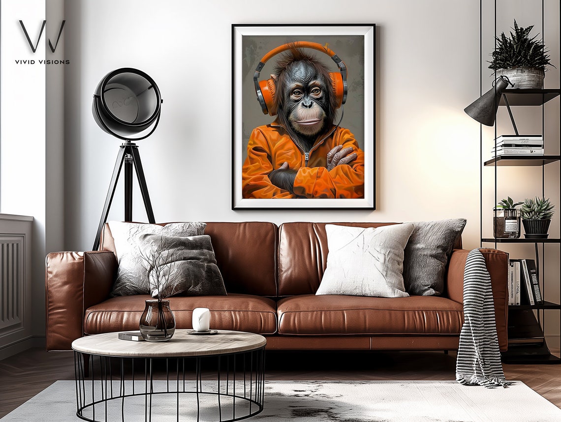 Orangutan in Orange Headphones Confident Music Animal Portrait Poster - Image 4