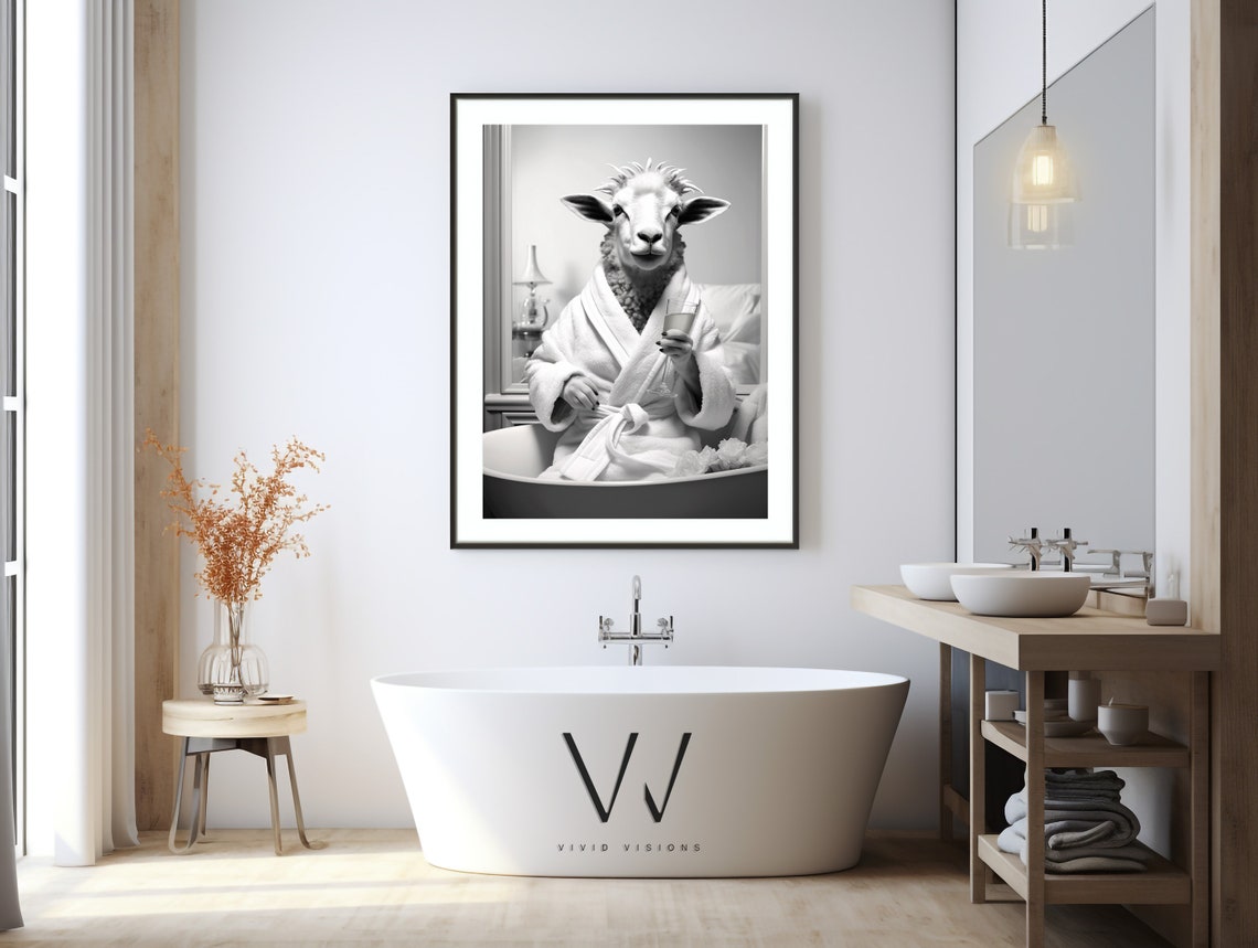 Funny Sheep in Bathrobe Relaxing With Wine in Bathtub Spa Poster - Image 3