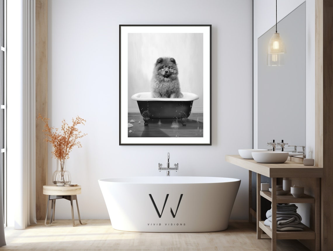 Chow Chow Puppy Bubble Bath Black White Funny Bathroom Poster - Image 3