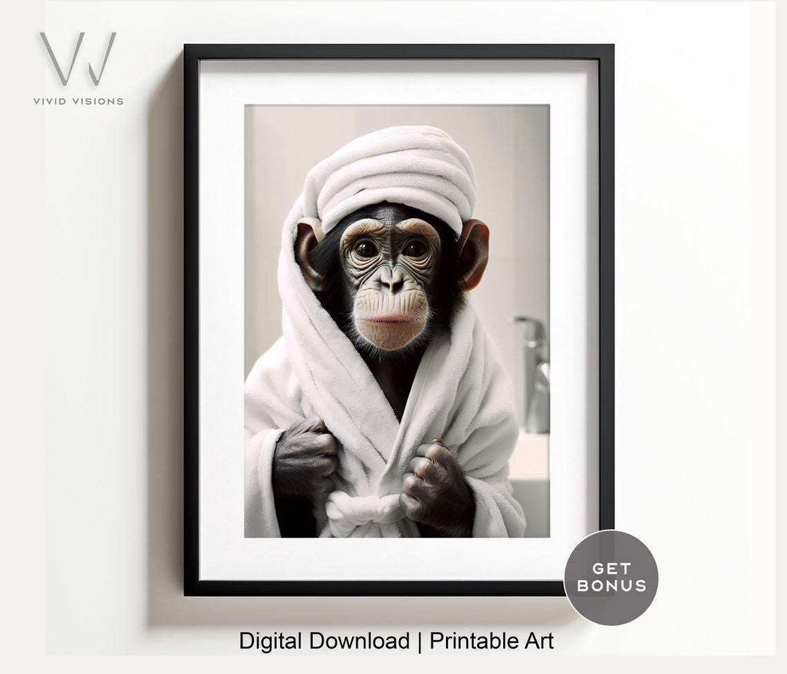 Chimpanzee in a White Bathrobe with a Spa Towel Wrap on Head Poster