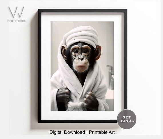Chimpanzee in a White Bathrobe with a Spa Towel Wrap on Head Poster