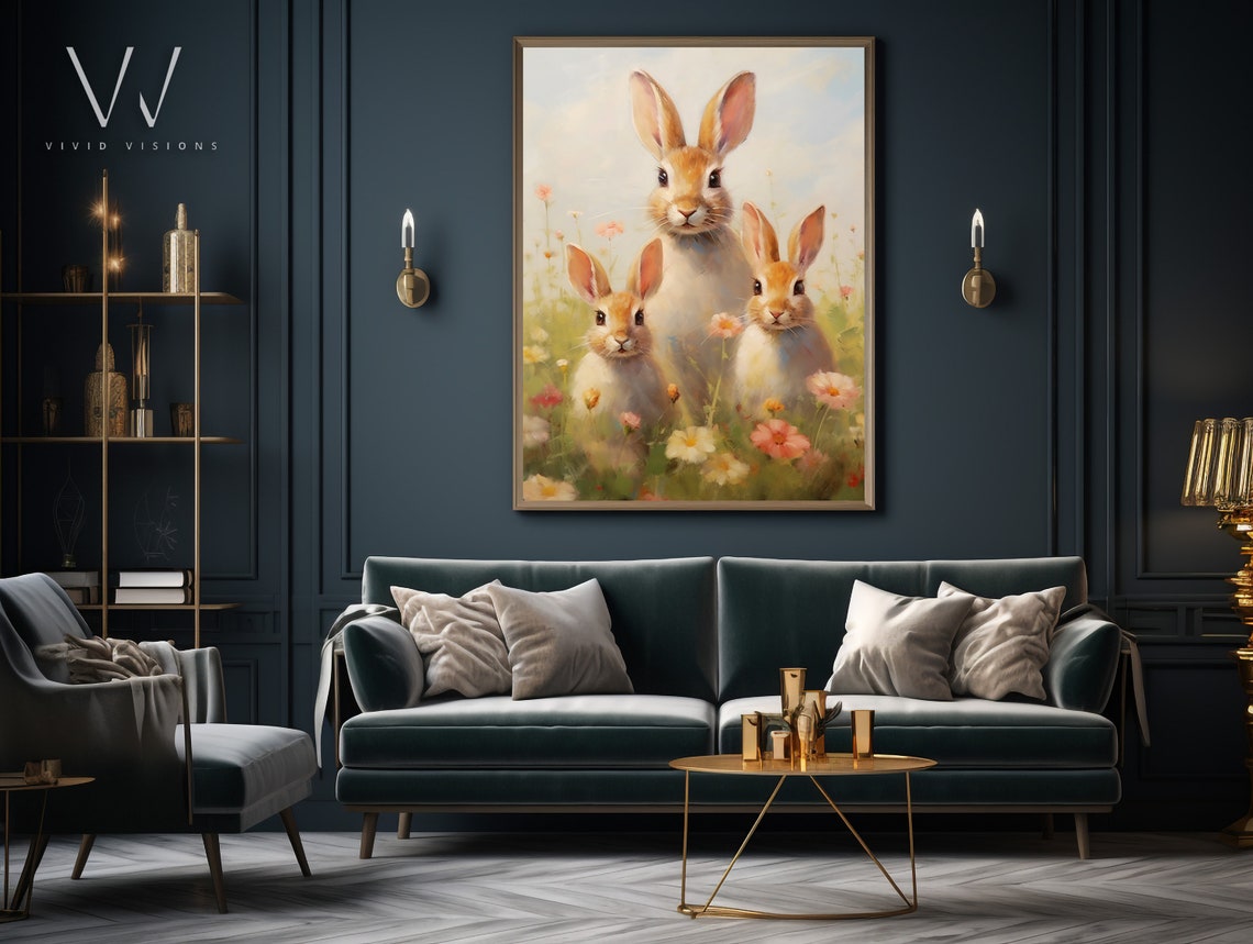 Three Cute Bunnies Playing in a Wildflower Meadow Spring Poster - Image 4