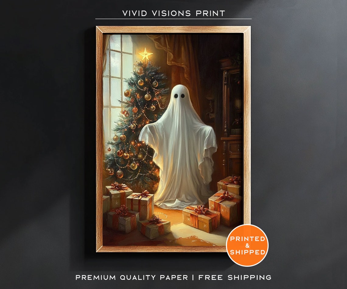 Ghost Beside A Decorated Christmas Tree Poster Festive Holiday Artwork