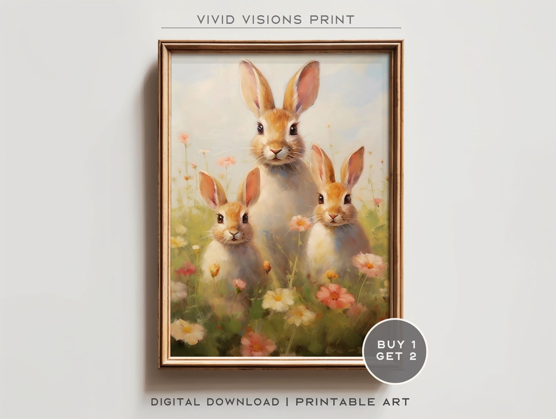 Rabbit Family Three Bunnies Flower Meadow Vintage Spring Poster