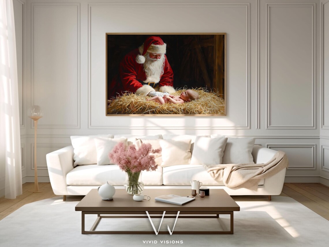 Santa Claus With A Newborn Baby In Straw Poster Heartwarming Christmas - Image 4