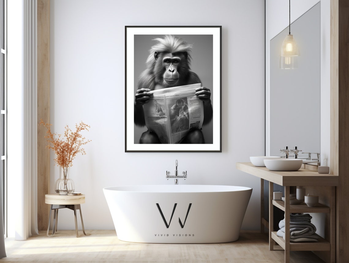 Long Haired Monkey Reading the Newspaper in Black and White Poster - Image 3
