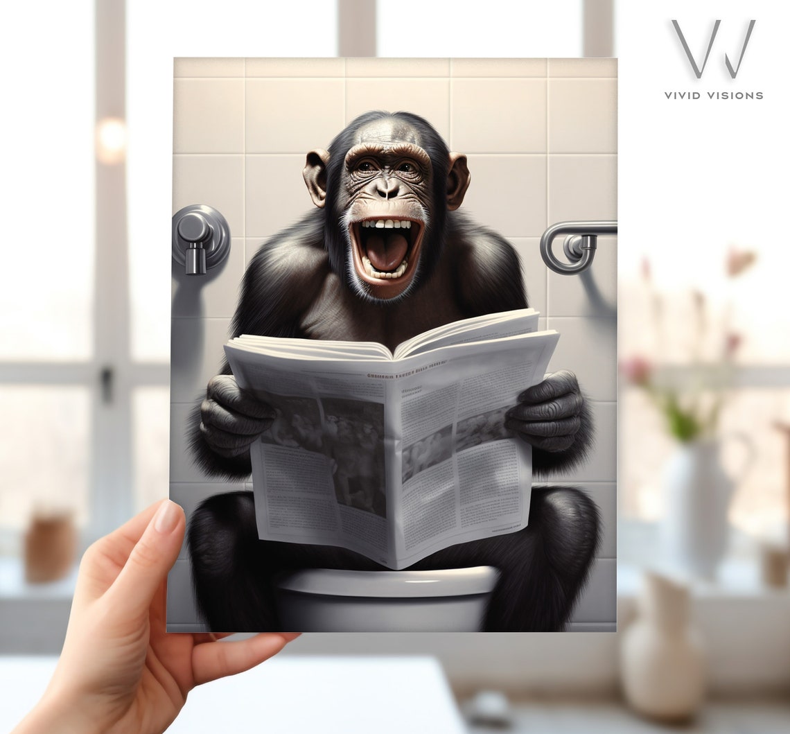Funny Chimpanzee Laughing While Reading Newspaper on Toilet Poster - Image 4