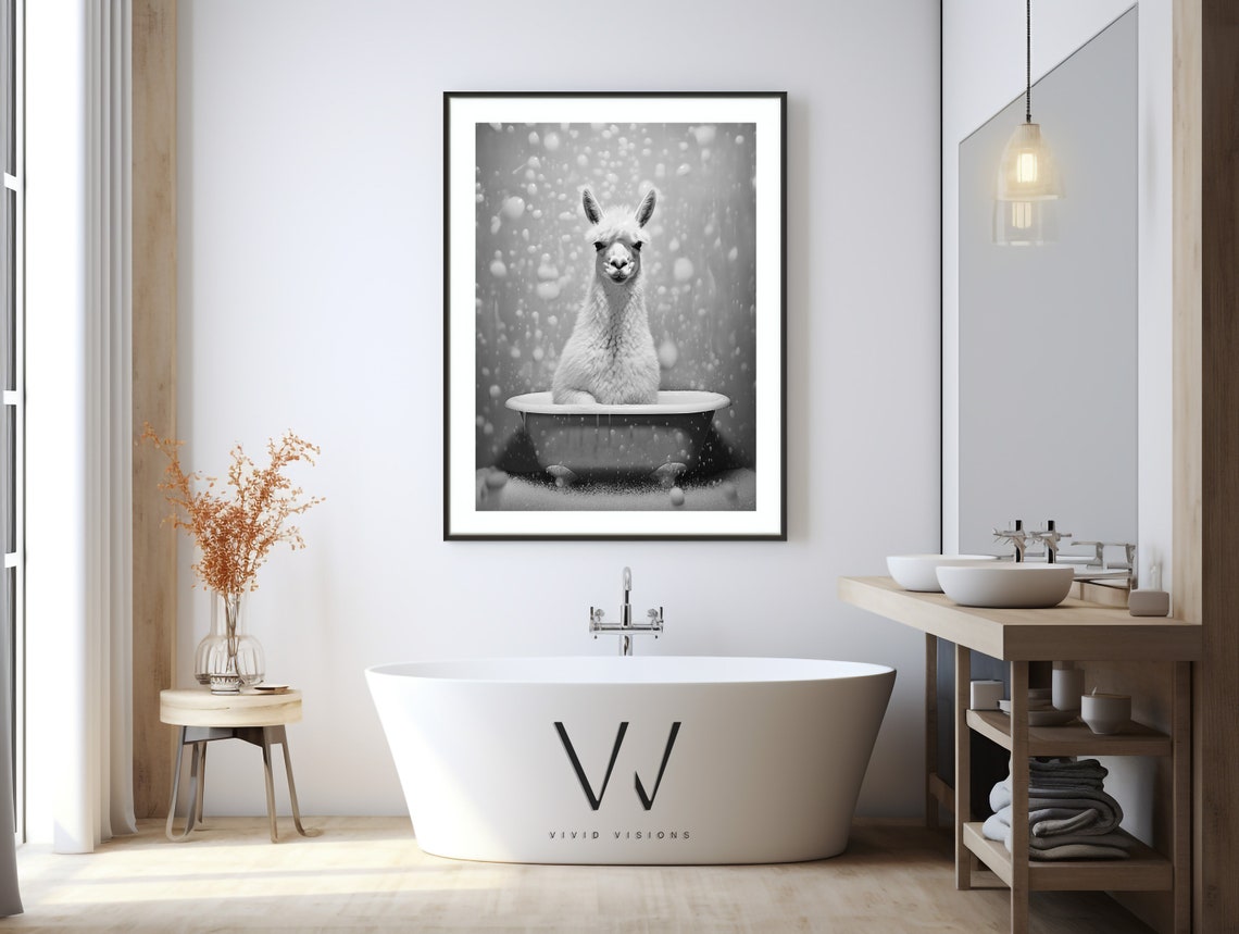 Llama Bubble Bath Black White Funny Animal Bathroom Wall Art - Image 3