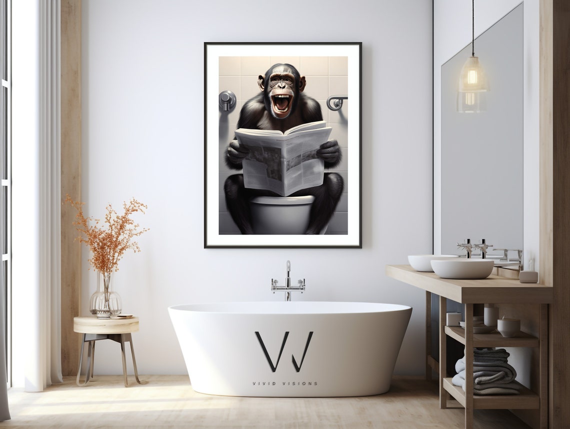 Funny Chimpanzee Laughing While Reading Newspaper on Toilet Poster - Image 3