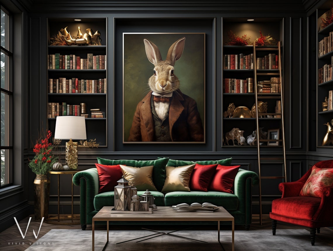 Hare in Brown Suit Victorian Animal Portrait Rust Bow Tie Poster - Image 4
