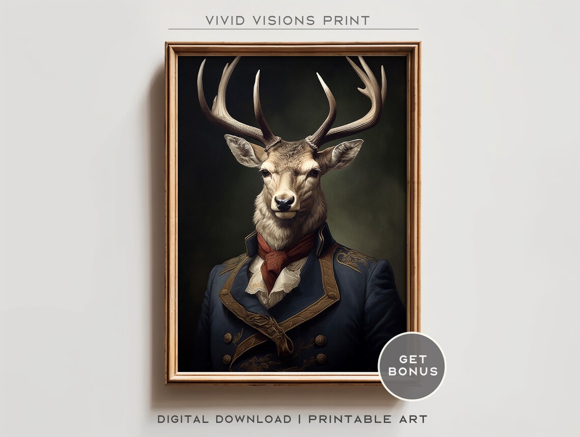 Victorian Stag Deer Portrait, Gothic Renaissance Art Print
